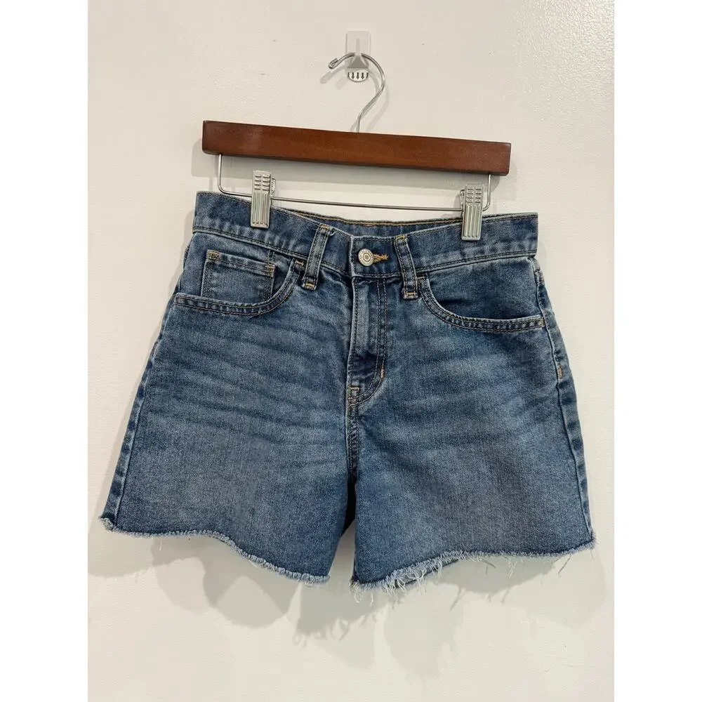 High Rise Medium Wash Denim Cutoff Shorts Raw Frayed Hem Girls 12 Women’s XS Y2K